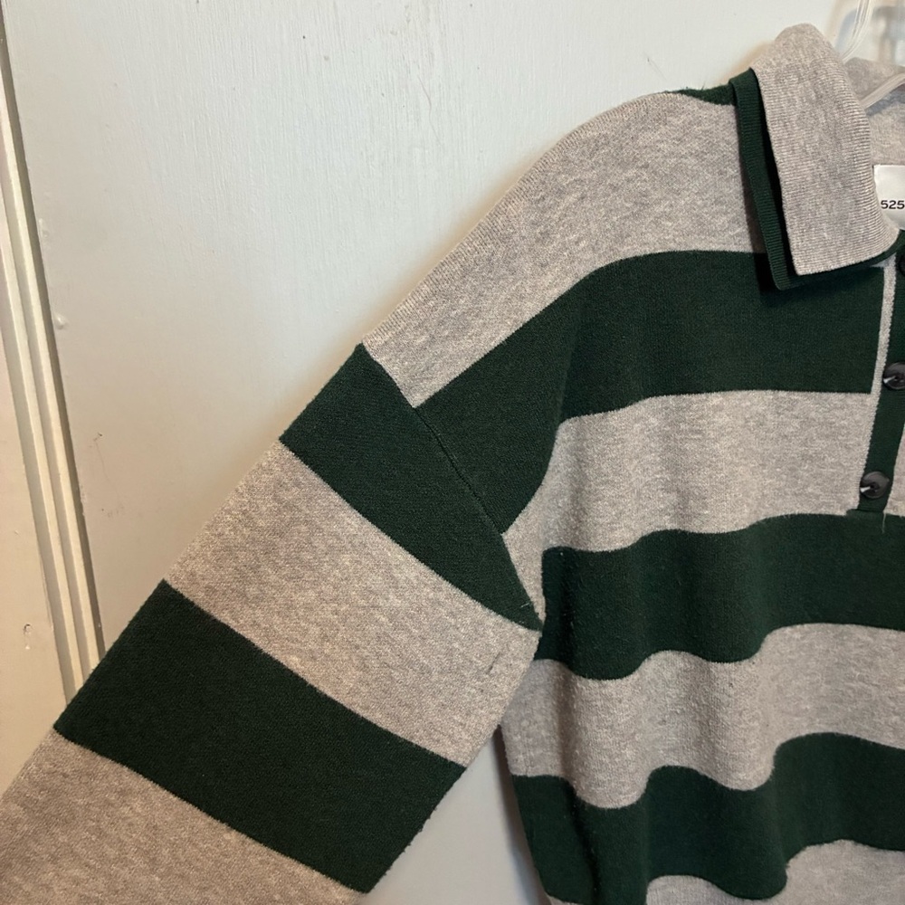 525 AMERICA Green & Grey Rugby Striped Double Collar Polo Top | size XS - Picture 11 of 11
